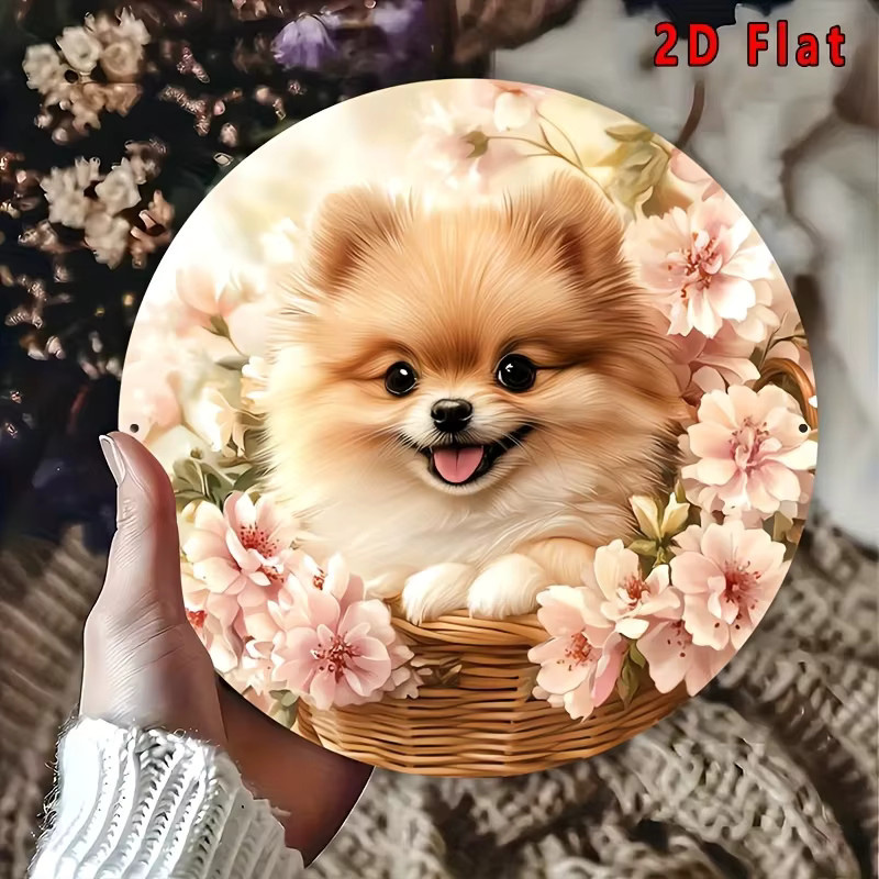 Potdemiel Vintage Aluminiumschild Rund mit Pomeranian im Blumenkorb, Durchmesser: 20 cm, Mehrfarbig - Bild 4