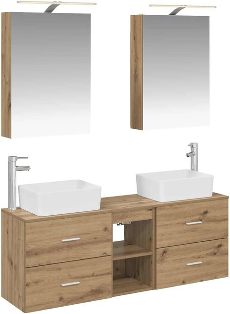 vidaXL Badezimmermöbel-Set 5-teilig in Artisan-Eiche mit Glas und LED-Beleuchtung, Braun - Bild 1