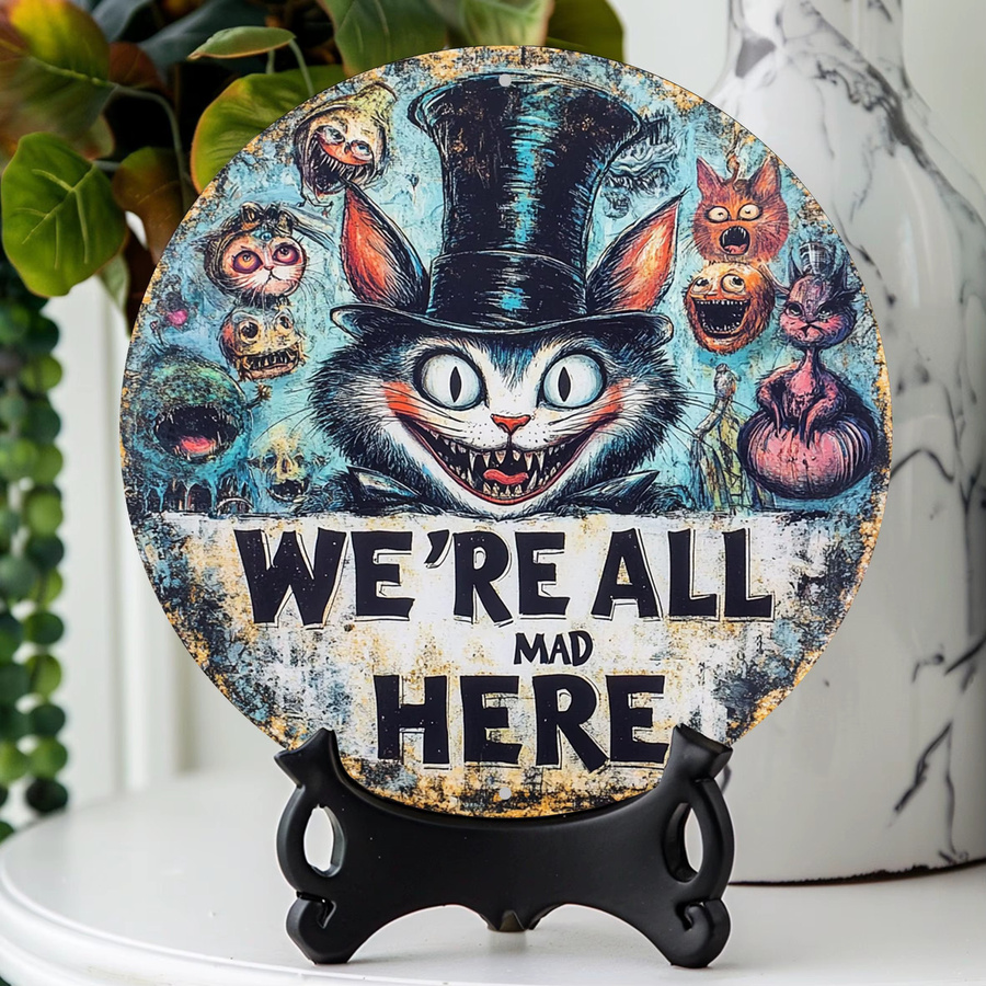 Potdemiel Rundes Aluminiumschild Vintage Grinsekatze We're All Mad Here Wandkunst Mehrfarbig Durchmesser: 20,32 cm - Bild 4