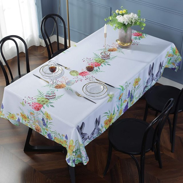 Wasserdichte Tischdecke von JINGYUE Pet mit Osterhasen und Frühlingsblumen, grau und weiß, B/B: 100 x 145 cm - Bild 1
