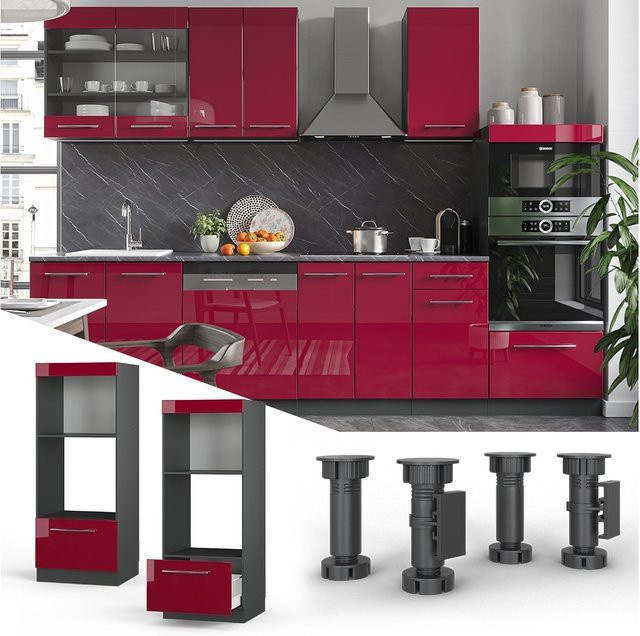 Vicco Mikrowellenumbauschrank Fame-Line Küchenschrank Hochglanz Anthrazit Bordeaux Rot Breite: 60 cm, Höhe: 153 cm, Tiefe: 44,53 cm - Bild 1