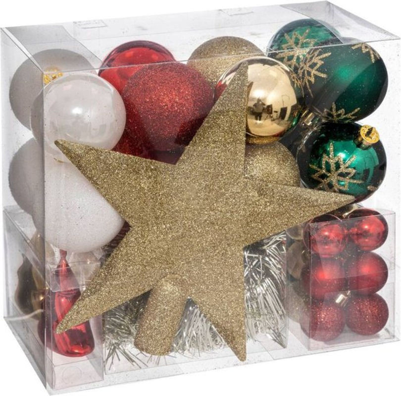 Atelier des Lutins Weihnachtsschmuck Set aus Kunststoff mit Kugeln, Sternen und Baumspitze in Gold, Rot und Mehrfarbig, 44-teilig - Bild 1