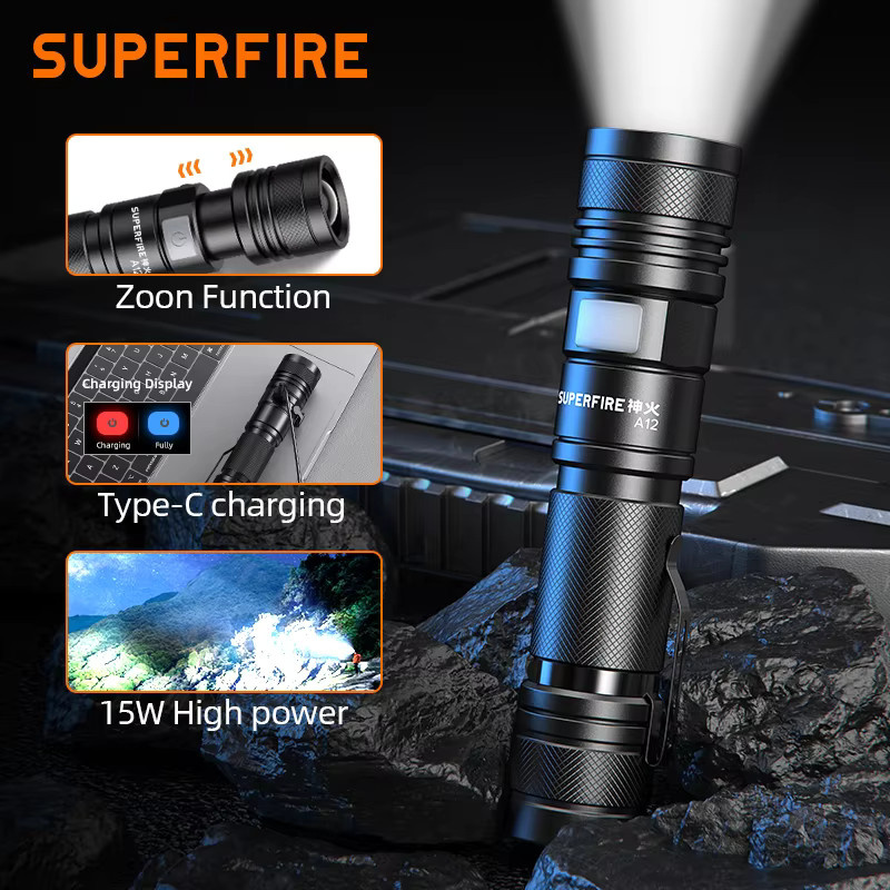 SUPERFIRE A12 Taktische Hochleistungs-LED-Taschenlampe mit Zoom und USB-Wiederaufladung, Wasserdicht, 5 Modi - Bild 2