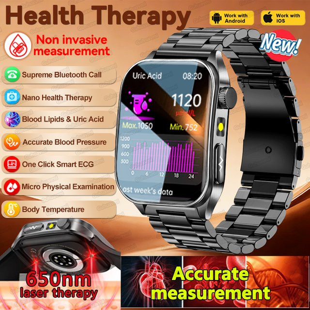 GUHUAVMI Smartwatch mit EKG und PPG zur Gesundheitsdiagnose von Blutfett und Harnsäure, Schwarz - Bild 1