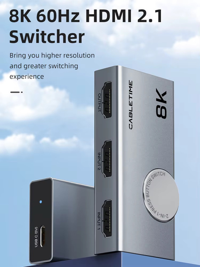 CABLETIME HDMI Splitter 2-in-1 Umschalter mit 8K 60Hz und 4K 120Hz Unterstützung sowie 3D Vision in Aluminium-Design als Adapter für Laptop und Macbook - Bild 7