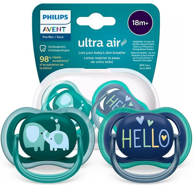 Philips Avent Ultra Air Schnuller SCF349/18 für 18m+ mit Elefant und Hallo Motiv, Silikon, Multicolour - Bild 1