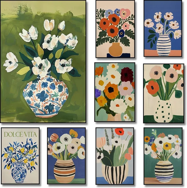 Potdemiel Wildblumen-Leinwandgemälde mit Blumen in einer Vase, minimalistische Wanddekoration in Bunt - Bild 1