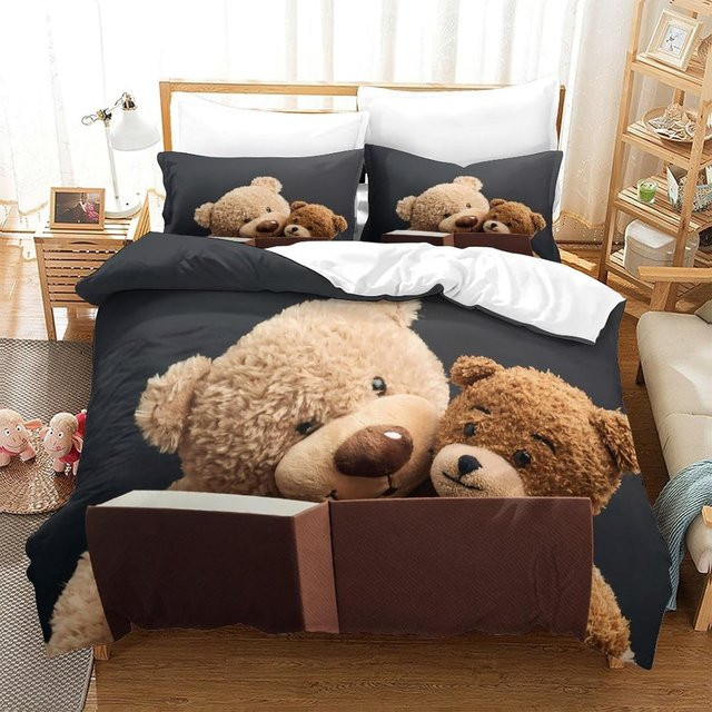 Flylo 3D Teddybär Bettwäsche-Set mit Kissenbezügen aus Mikrofaser, Schwarz, B/H: 240 x 260 cm - Bild 1