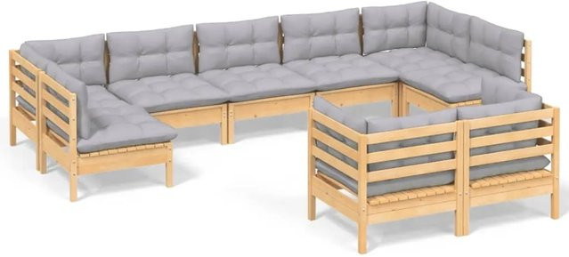 vidaXL 9-tlg. Garten-Lounge-Set aus massivem Kiefernholz in U-Form mit grauen Polstern - Bild 1