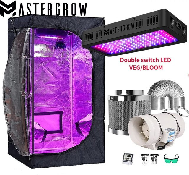 MasterGrow Hydroponisches Wachstumssystem in Schwarz mit 1000 W Vollspektrum-LED-Wachstumslicht, Growbox-Set inklusive 4-Zoll-Kanalventilatoren und Kohlefilter - Bild 1