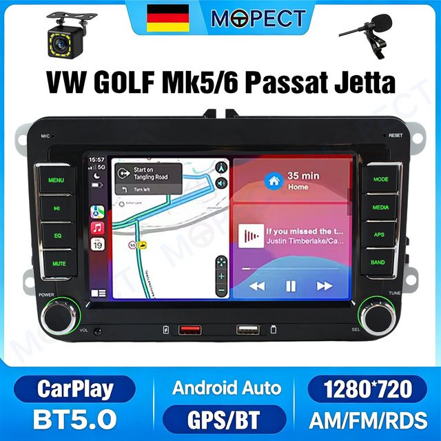 MOPECT 7-Zoll Autoradio mit Wireless Carplay, Bluetooth und USB für VW Golf 5 6, Polo, T5, Touran, Passat, Seat und Skoda in Schwarz - Bild 1