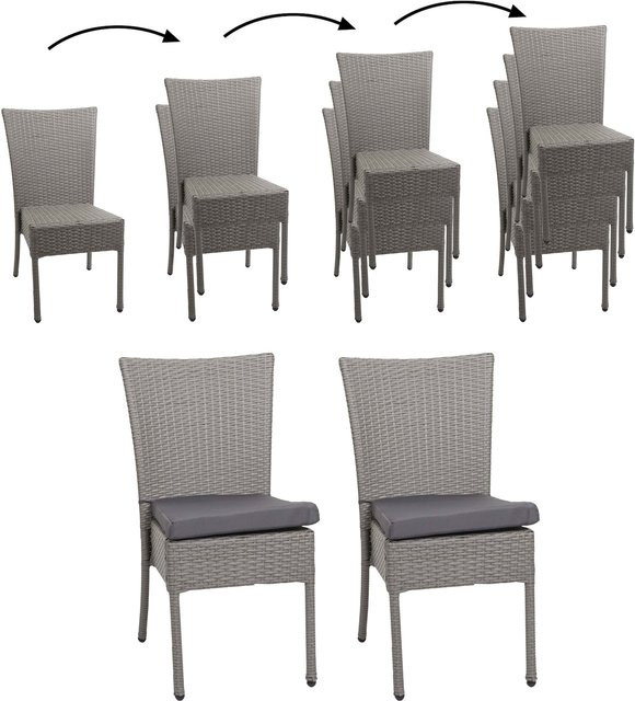 2er-Set MCW Poly-Rattan Gartenstühle G19 in Grau mit dunkelgrauen Kissen, stapelbar - Bild 1