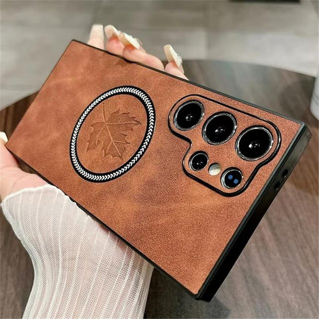 MagSafe Leder Handyhülle mit Ahornblatt-Design für Samsung Galaxy S25 S24 S23 S21 Ultra FE Plus in Braun - Bild 1