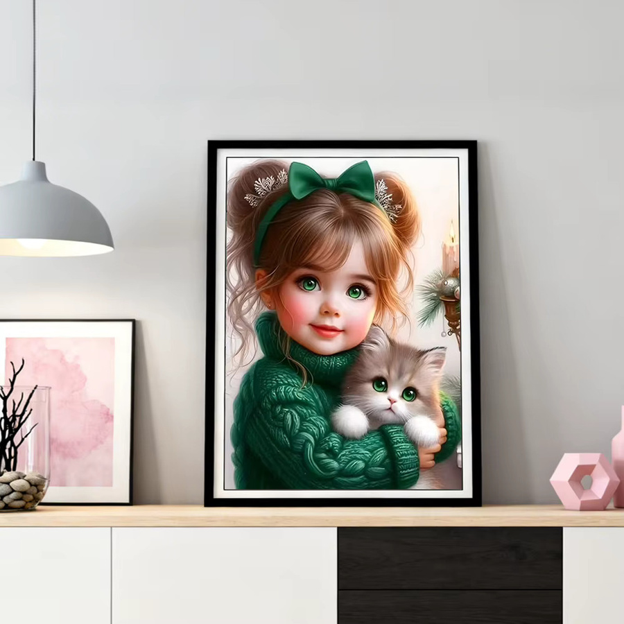 HUACAN 5D Diamantmalerei Set Mädchenporträt mit Katzenmotiv in Multicolour mit runden Strasssteinen - Bild 2