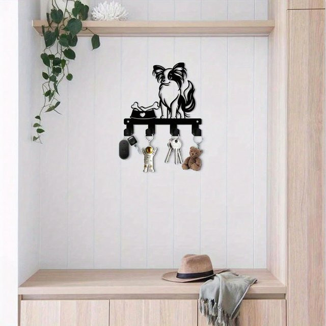 Bohemian Dog Schlüsselhaken zur Wandmontage mit Regal in Schwarz aus Metall – Chihuahua-Silhouette Haustier-Organizer und Wanddekoration - Bild 1