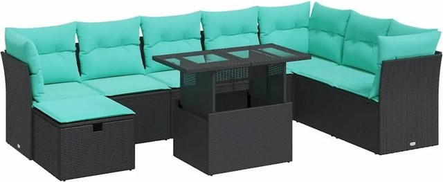 vidaXL 9-teilige Garten-Sofagarnitur aus Poly-Rattan mit Kissen in Schwarz - Bild 1