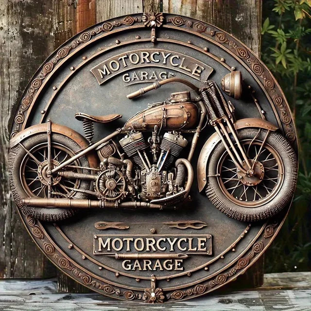 HELLOYOUNG Retro Aluminiumschild Motorradgarage Runde Wanddekoration aus Metallblech Durchmesser: 20,32 cm - Bild 1