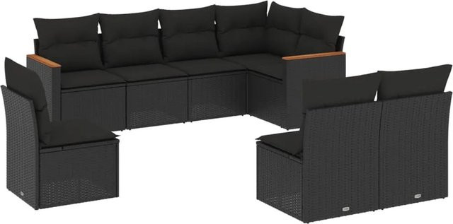 vidaXL 8-tlg Garten-Sofagarnitur in L-Form aus Polyrattan und Akazienholz mit Kissen, Schwarz - Bild 1