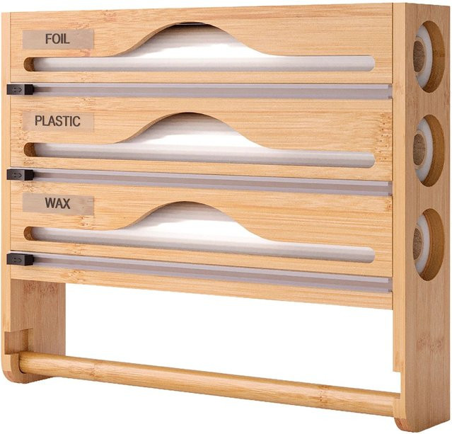 Relaxdays Wandrollenhalter aus Bambus in Natur mit integriertem Schneider, B/T/H: 30 x 35,5 x 7 cm - Bild 1