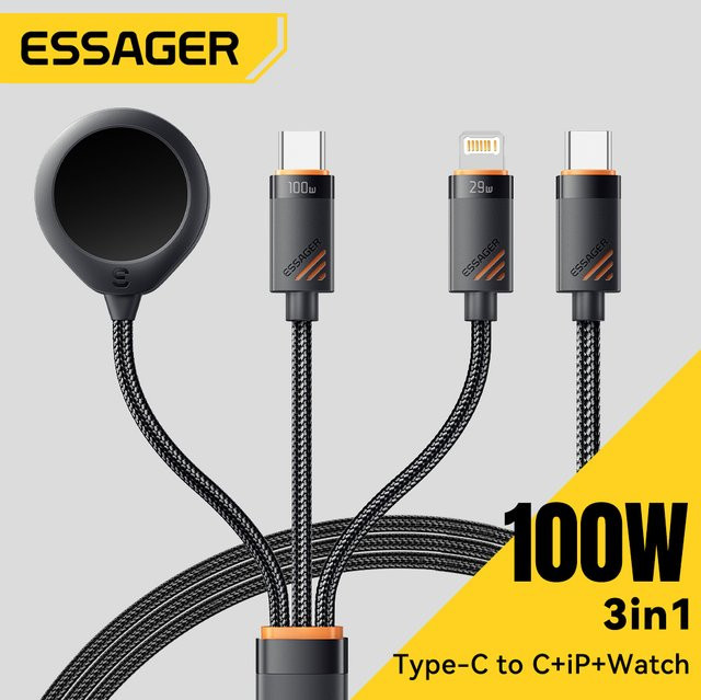 Essager 3-in-1 USB-C Schnellladekabel 100 W mit Lightning und Typ-C für Apple iPhone und iWatch, Schwarz - Bild 1