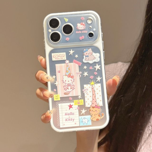 Sanrio Hello Kitty Handyhülle mit Partyhut und Sternendruck für iPhone 15 Pro Max, iPhone 16 und iPhone 17 Pro Max in Silber, stoßfeste Schutzhülle mit Aufklebern - Bild 1