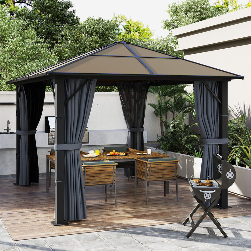 Outsunny Gartenpavillon modern mit Seitenteilen aus Polyester und Polycarbonat-Dach in Grau oder Braun, B/T/H: 300 x 300 x 265 cm - Bild 2
