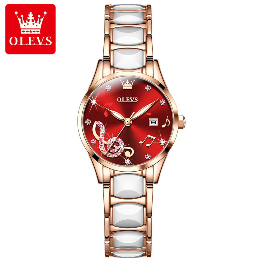 OLEVS Armbanduhr, Keramik, Quarz, Diamantbesetzt, Damen, Roségold - Bild 5
