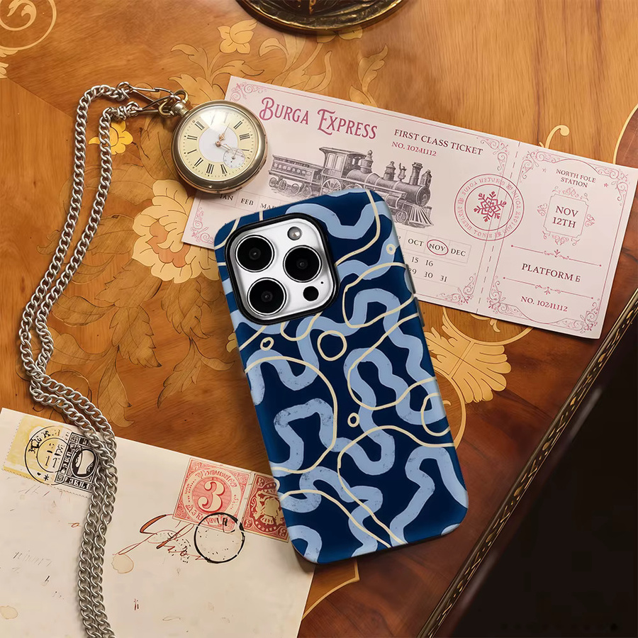Potdemiel Handyhülle Navy Waves in Gold und Blau für iPhone 17AIR 16E 16 15 14 13 12 11 Pro Max Plus mit doppelschichtiger Rückseite - Bild 4
