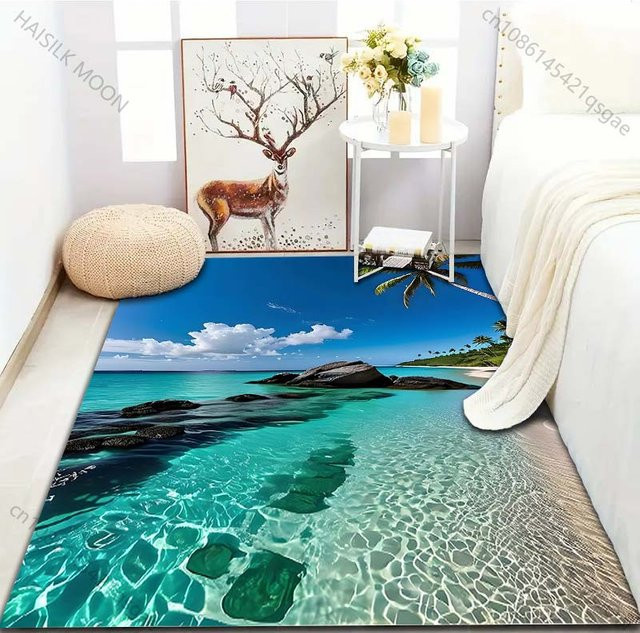 UQIDEHOME Sommer Strand Kokospalmen Teppich mit rutschfester Bodenmatte für Wohnzimmer und Schlafzimmer, Blau, B/T: 60 x 40 cm - Bild 1