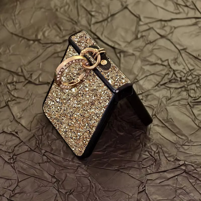 Goldene Kunstleder-Handyhülle mit Strass-Glitzer-Ringhalterung für Samsung Galaxy Z Flip 8 7 6 5 4 3 FE Hartschale - Bild 3