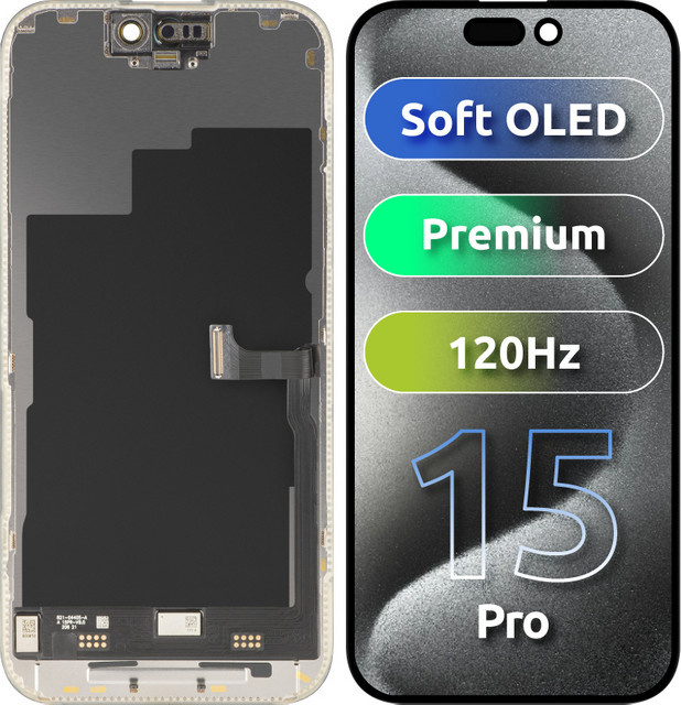 MP Touchscreen-Display für Apple iPhone 15 Pro mit Rahmen, Premium Soft OLED FHD 120Hz, Schwarz - Bild 1