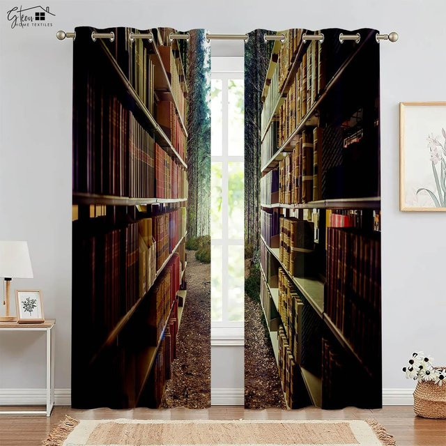 Yiran Furniture Retro Vorhänge mit 3D-Bücherregal-Print, 2-teiliges Set, halbtransparent, Mehrfarbig, Breite: 50 cm, Höhe: 160 cm - Bild 1