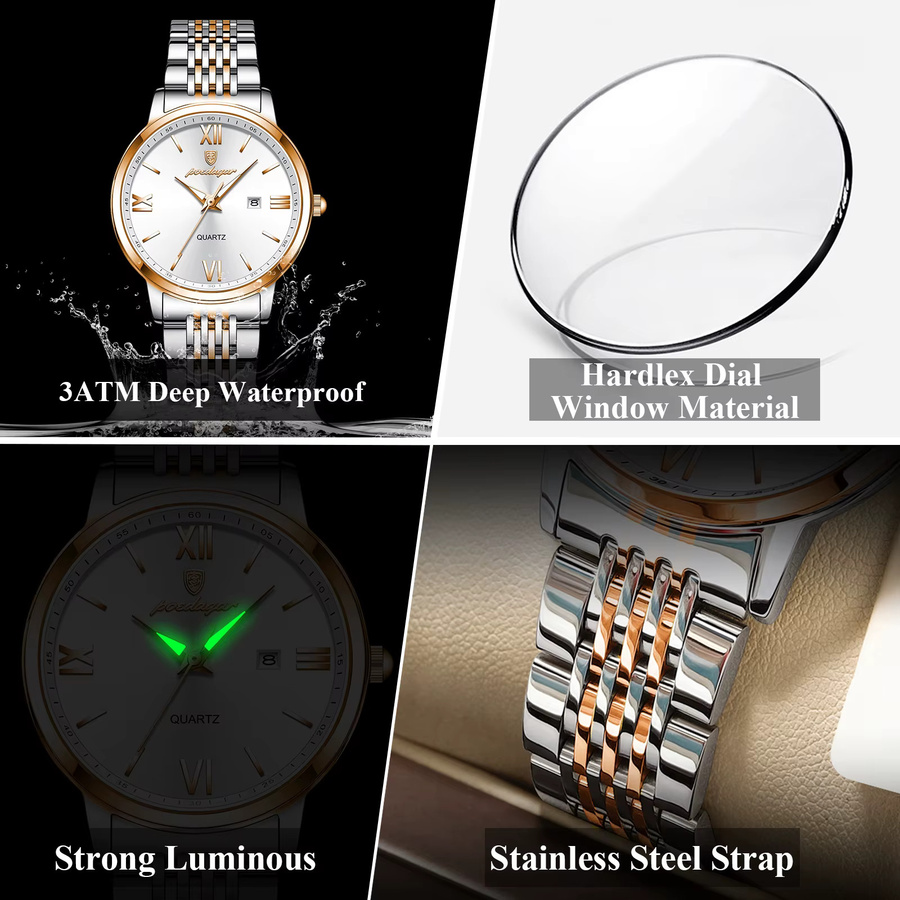 POEDAGAR Armbanduhr Edelstahl, Quarz, Silber, Damen, Datum, Wasserdicht - Bild 4