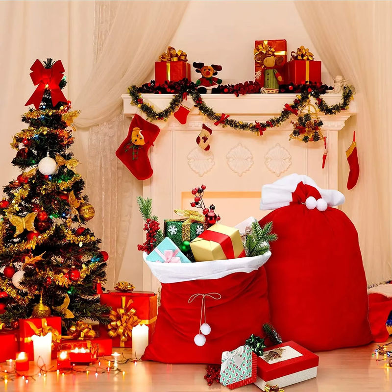 Roter Weihnachts-Geschenksack aus Samt mit Kordelzug für Kinder und Dekoration, B: 70 cm, H: 50 cm - Bild 4