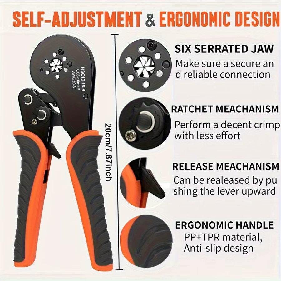 HSC8 16-6 Sechskant-Crimper-Set mit 800 Stück PVC-isolierten Aderendhülsen für elektrische Verbindungen von 0,08-16mm² AWG30-5 - Bild 2