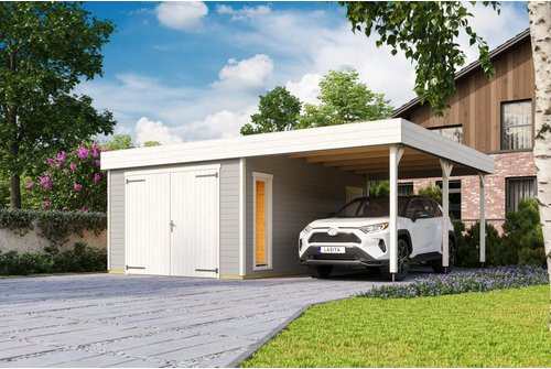 Blockgarage Lasita Maja Bahamas aus Holz in Lichtgrau mit Stufendach und Holztor, B: 820 cm, T: 560 cm - Bild 1