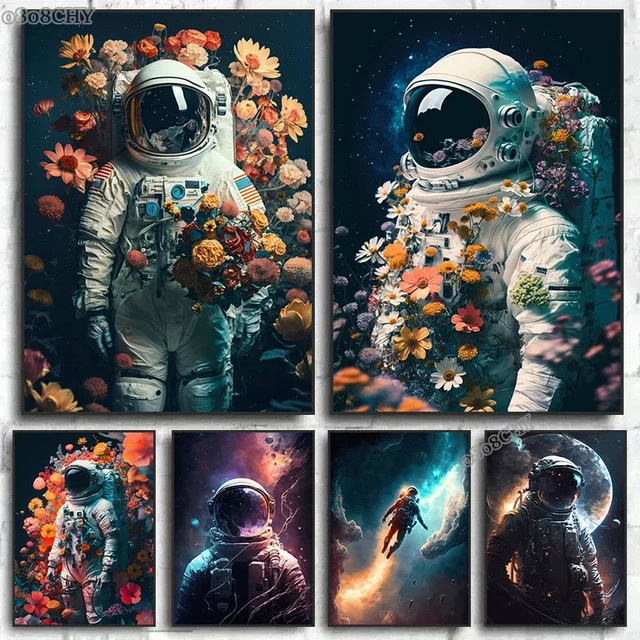 Potdemiel Leinwandgemälde Astronaut in Blumen Modernes Wandbild mit Kosmonaut und Planeten als Dekoration für Kinderzimmer in Mehrfarbig - Bild 1