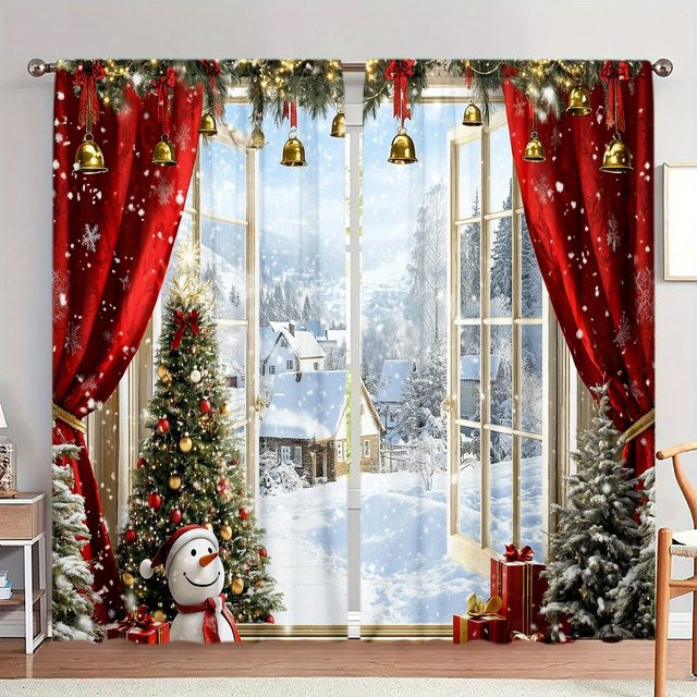 2er-Set Weihnachts Vorhänge Celebrating Christmas in Weiß und Rot, halbtransparent mit Stangentasche, B: 52,5 cm, H: 116 cm - Bild 1