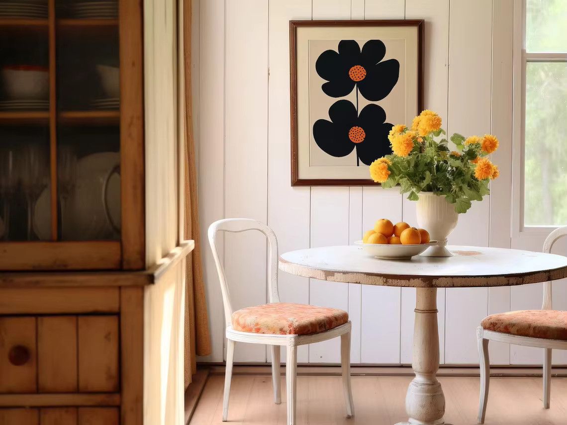 SHENCHEN Mid-Century Modern Minimalist Floral Art Print mit schwarzem Doppelblumen-Design und orangefarbenen Polka-Dots im Portraitformat - Bild 6