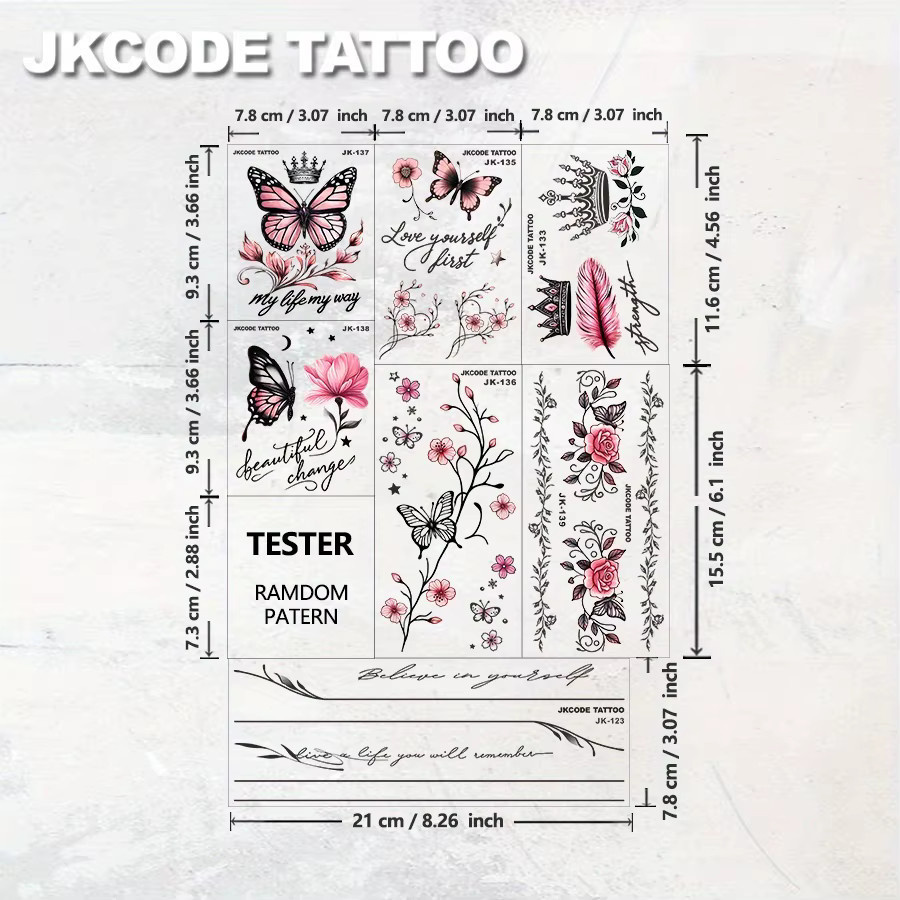 JKCODE TATTOO Temporäre Tattoos Pinky Rose Butterfly, 8 Stück, bunt - Bild 3