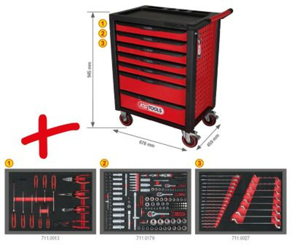 KS Tools RACINGline Werkstattwagen aus Stahlblech mit 7 Schubladen und 215 Premium-Werkzeugen, Schwarz/Rot - Bild 2