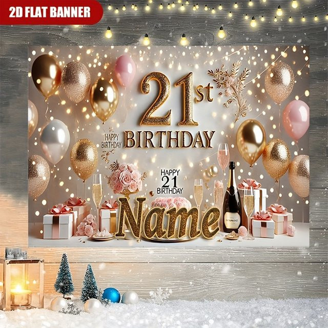 VIKAMA Party Wandteppich zum 21. Geburtstag mit Champagner- und Blumenmotiv in Pink - Bild 1