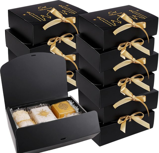 10 Stück Eid Mubarak Geschenkboxen für Ramadan Kareem, Dekoration für islamische Partys, Papierboxen für Süßigkeiten und Kekse in Schwarz und Weiß - Bild 1