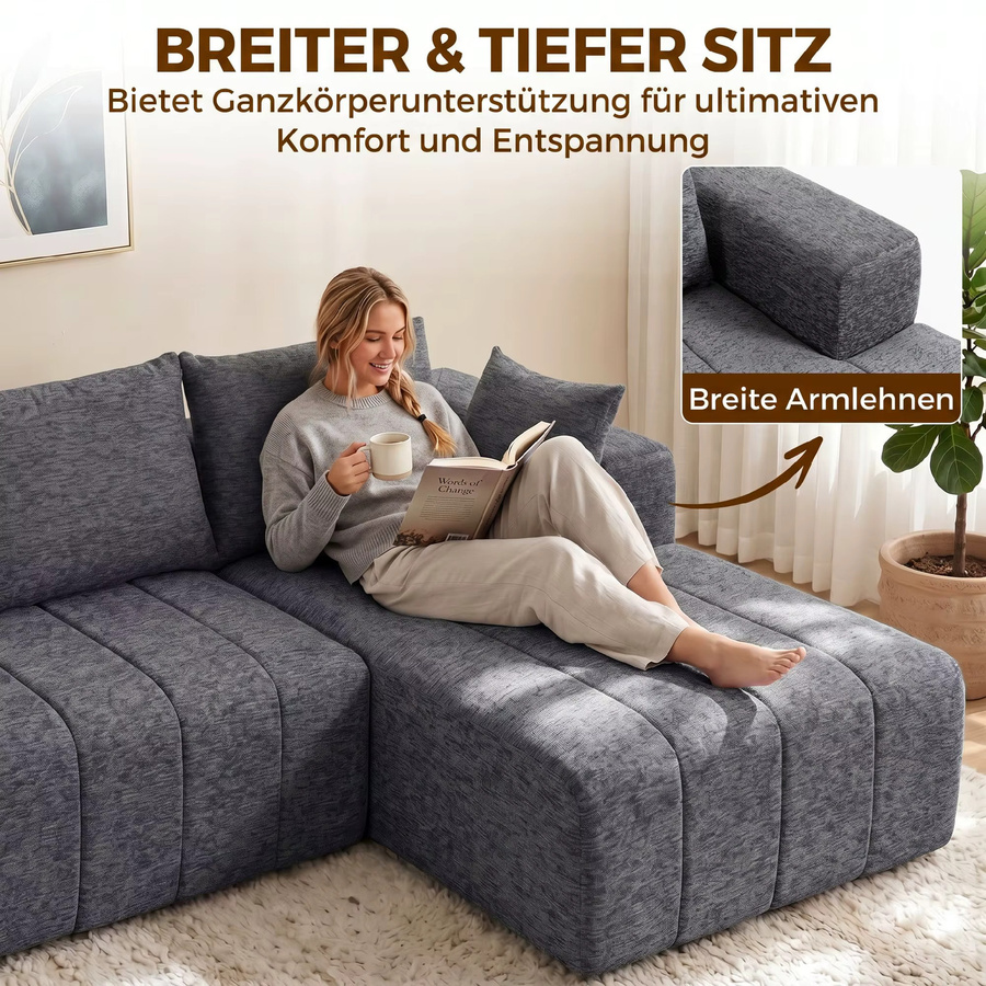 HOMCOM Ecksofa L-Form in Grau mit Schlaffunktion und Kissen, modularer 3-Sitzer in Chenille-Optik, Breite: 256 cm - Bild 5