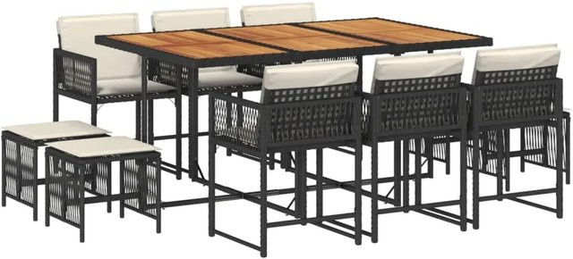 vidaXL 11-teilige Garten-Essgruppe aus Poly Rattan mit Kissen in Schwarz, Braun und Cremeweiß mit Akazienholz-Tisch - Bild 1
