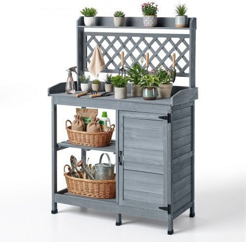 VEVOR Gartenwerkbank aus Tannenholz mit Schrank und Regalen, graue Pflanztisch-Arbeitsstation für Garten und Balkon, B/T: 110 x 46 cm - Bild 1
