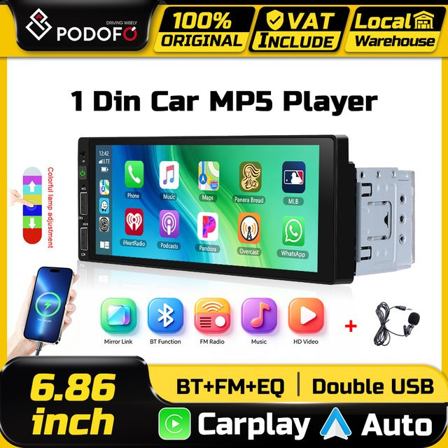 Podofo Auto-MP5-Radio mit 6,86 Zoll Display, CarPlay, Android Auto, Mirror Link und Bluetooth in Schwarz - Bild 1