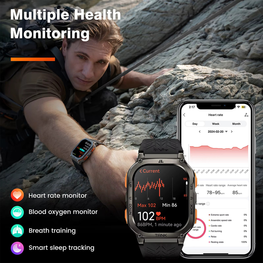 KOSPET TANK M3 Ultra GPS Smartwatch für Männer in Schwarz mit Kompass, Höhenmesser und Barometer, IP69K und 5ATM wasserdicht - Bild 6