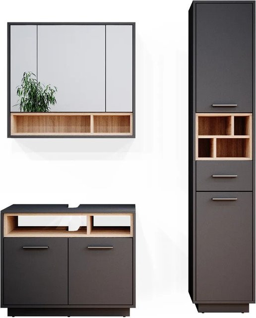 Vicco Badmöbel Set Beatrice in Anthrazit mit Spiegelschrank, Waschtischunterschrank und Hochschrank - Bild 2