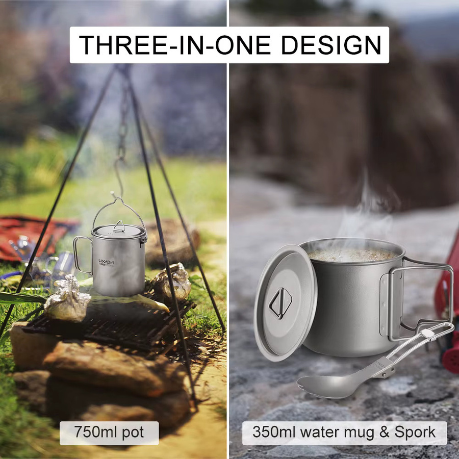 Lixada Titan Outdoor-Camping Geschirr-Set in Silber mit 750 ml Topf und 350 ml Becher inklusive Deckel, zusammenklappbarem Griff und Spork - Bild 3